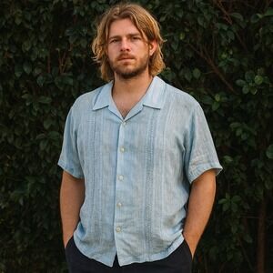 Nat Nast Linen Shirt Mens Large Button Up Light Blue Vintage Bowling‎ Sopranos